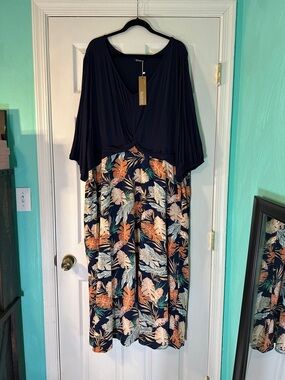 BloomChic Navy and Orange Tropical Leaf Maxi Dress